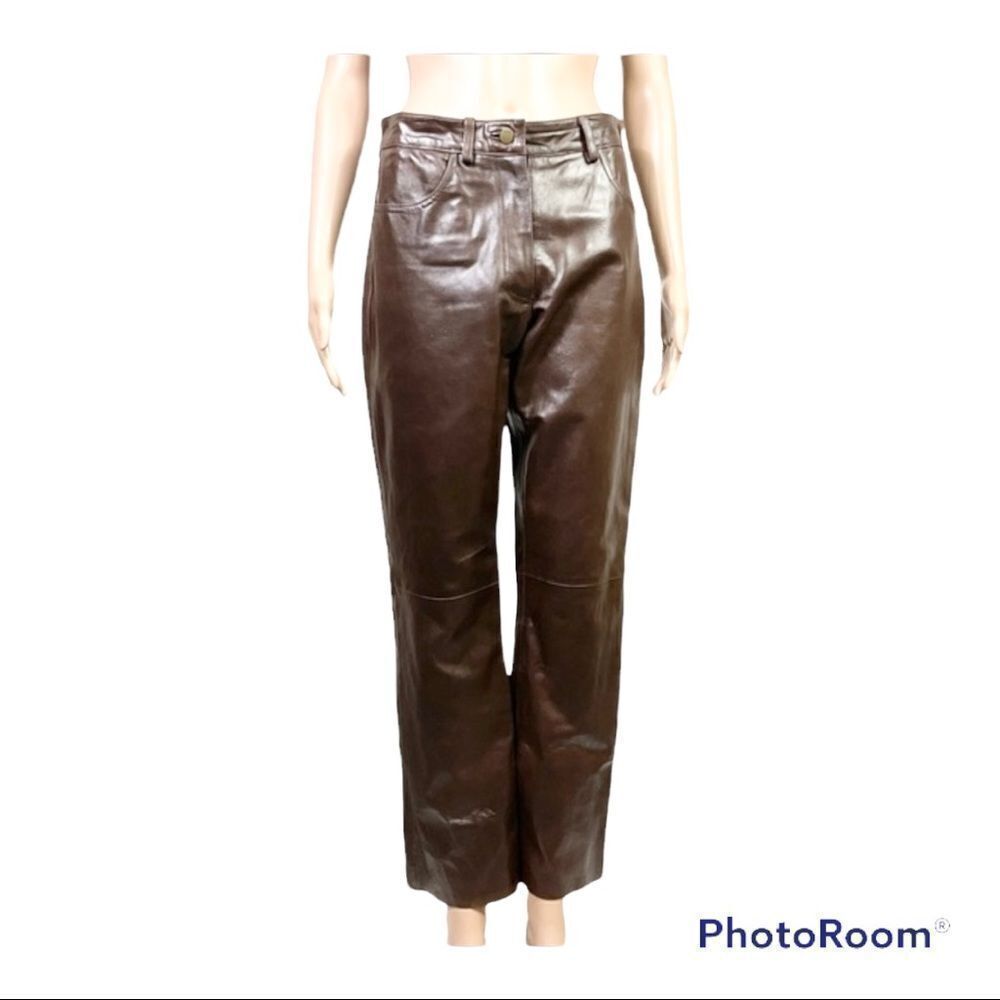Finity Brown Butter Soft Leather Straight Leg High Rise Pants 6
